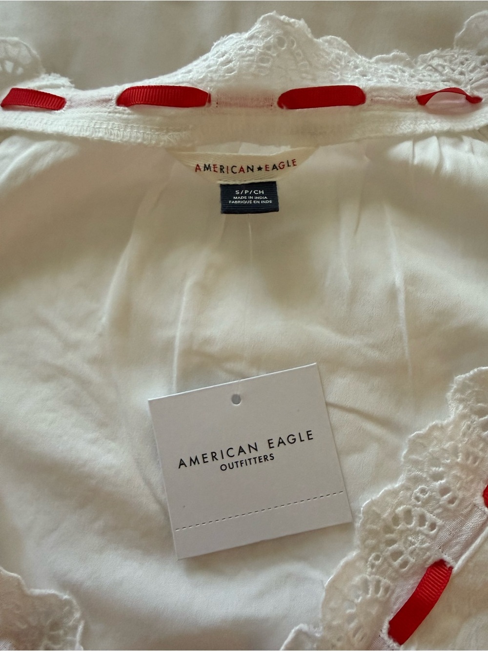 American Eagle Outfitters White Cotton Dress with Red Ribbon Accents - Picture 3 of 5